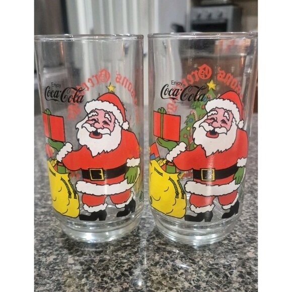 Set Of (2) McCrory Coca Cola Christmas Santa 100th Anniversary Drinking Glasses - Picture 1 of 4